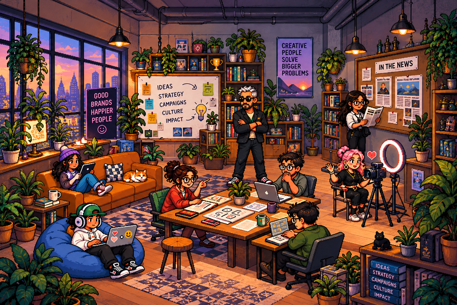 Illustrated creative agency with seven teammates at work